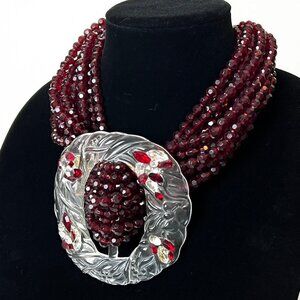 Vtg Multistrand Choker Necklace with Faux Crystal Ruby and Diamond Focal Pendant